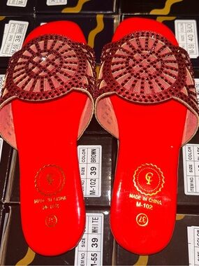 Red Embellished Slip-On Mules by